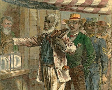 A color illustration of a Black man voting after the passage of the 15th Amendment