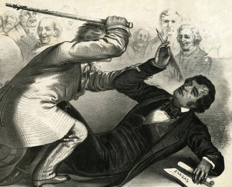 A black-and-white drawing of U.S. Representative Preston Brooks of South Carolina attacking Senator Charles Sumner of Massachusetts with a cane